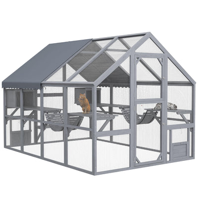 PawHut 9.2' Catio, Outdoor Cat Enclosure House, Wooden Feral Cat Shelter with Condos, UV and Waterproof Canopy, Suspension Bridges, Platforms & Multiple Doors for 3-6 Cats, Gray