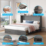 Mjkone Queen Murphy Bed Cabinet, Hidden Adult Guest Bed with Built-in USB Charging Station, 2 Large Drawers, Bedside Panel, Murphy Cabinet Chest Beds for Guest Room, Bedroom, NO Mattress - Grey Mjkone