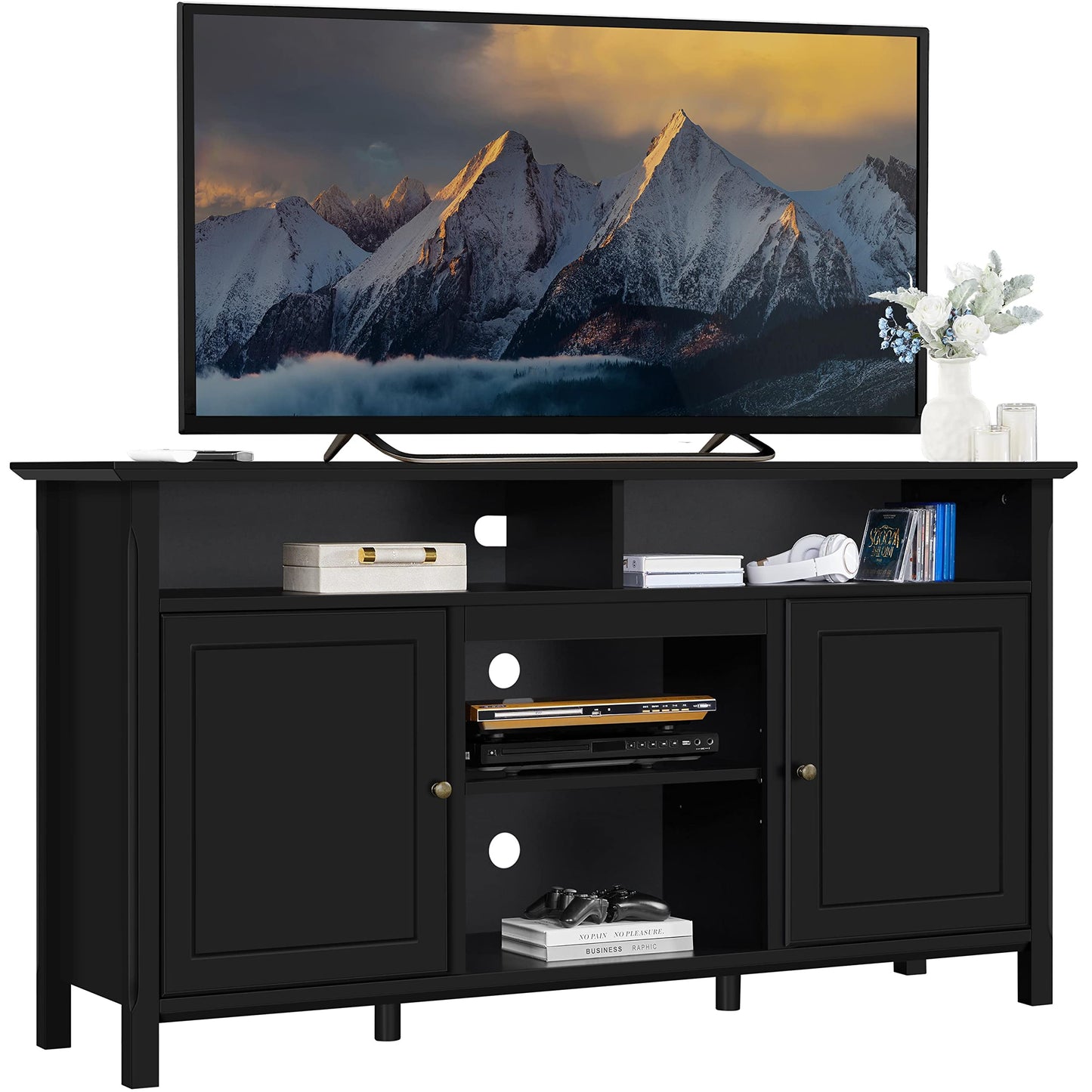 Yaheetech Black TV Stand for TVs up to 65 Inch, Modern Media Entertainment Center with Double Doors, TV Cabinet TV Console with Storage for Living Room & Bedroom, 31 in Tall