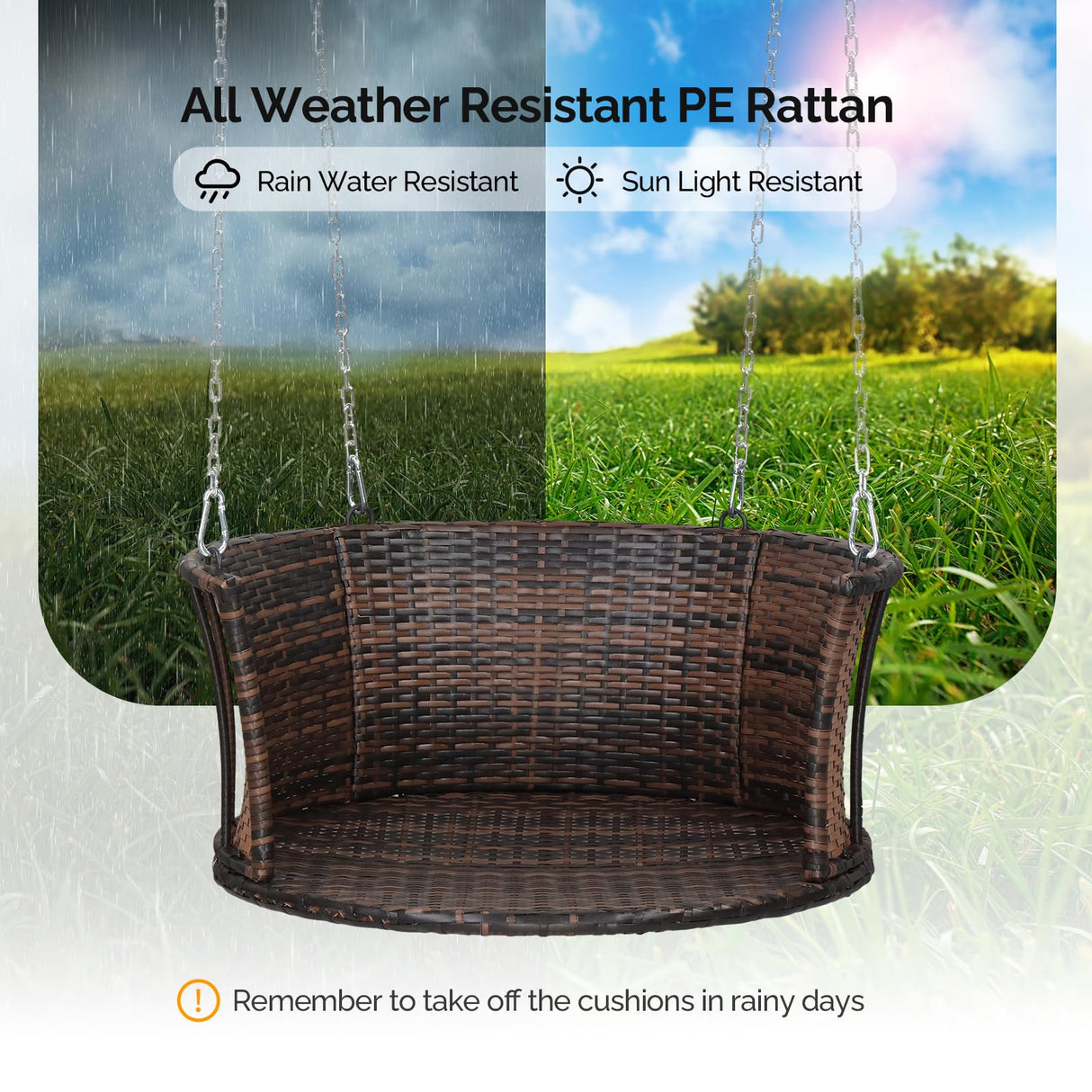 VINGLI 2.4 FT 1-Person Use Round Rattan Porch Swing Outdoor Support 440 LBS with Cushions & Adjustable Chains, Patio Wicker Swing Bench Chair for Garden, Yard, Lawn, Tree, Brown VINGLI