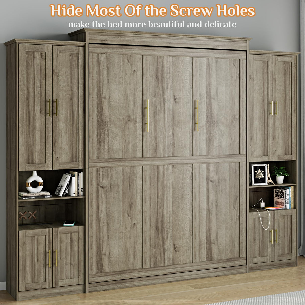 Rophefx Murphy Bed Queen with 2 Side Cabinet Storage Shelves, Queen Wall Bed Cabinet with USB Port, Wood Foldable Platform Bed Frame, Space Saving Beds, Modern Hidden Bed for Guest Room, Home, Grey Rophefx