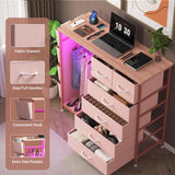WODRAWER 6 Drawer Dresser for Bedroom with Clothes Rack, Clothes Dresser with Side Pockets and Hooks, Charging Station & LED Lights, Wooden Top, Fabric Storage (Pink) WODRAWER