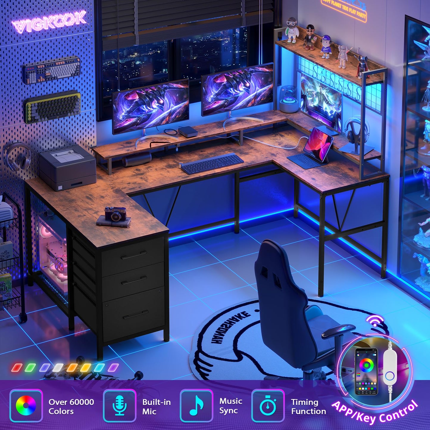 VIGKOOK U Shaped Gaming Desk with Hutch, 98.4in Reversible L Shaped Computer Desk with Power Outlets, Home Office Desk LED Light, Monitor Stand 3 Drawers Shelves Pegboard 6 Hooks (Rustic Brow - WoodArtSupply