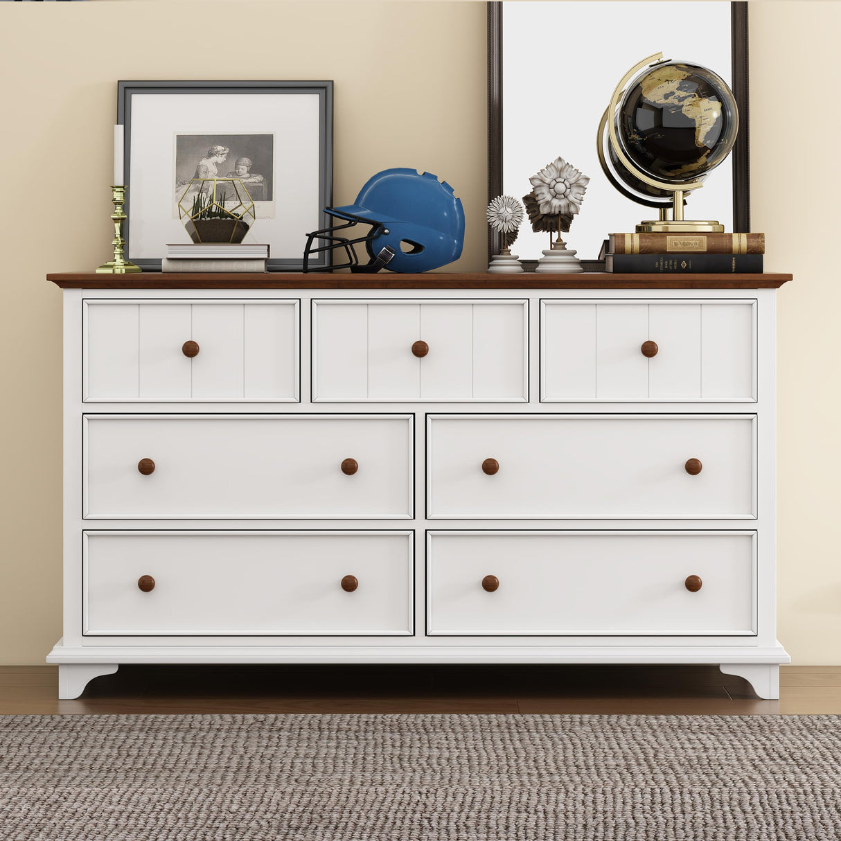 Merax Dresser, White+Walnut Modern Farmhouse Set-Wood 6 Drawers Bedroom, Tall Storage Cabinet for Closet, TV Stand Merax