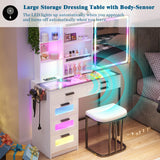 WOOVIVS RGB Vanity Desk with Sliding Mirror and Lights, LED Makeup Vanity with Charging Station/Motion Sensor Light, Glass Top Vanities Dressing Table Set with Jewelry Box,6 Drawers,Stool (White) WOOVIVS