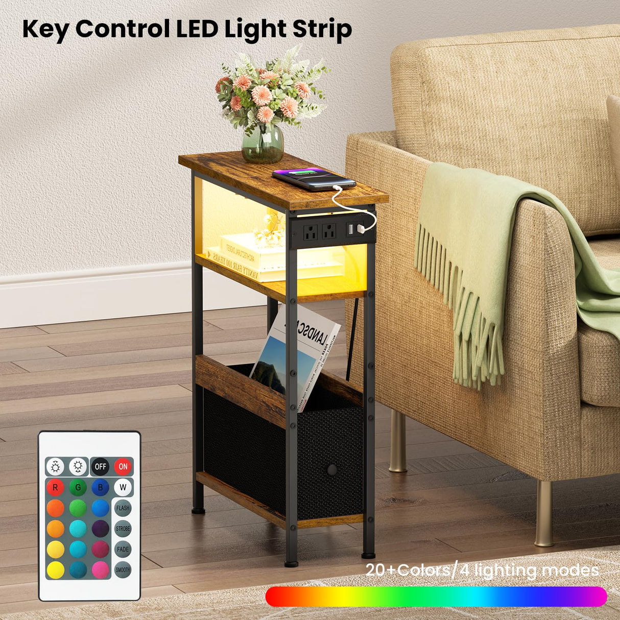 Creso hom Narrow Side Table with Charging Station and LED Light, End Table with 1 Fabric Drawer, Skinny Nightstand with USB Ports & Type-C, Slim Bedside Table for Bedroom, Living Room, Rustic Brown Creso hom