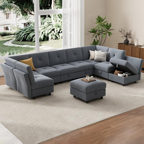 143" Modular Sectional Sofa with Storage - U Shaped Convertible Couch for Living Room, Deep Seat Cloud Couch with Ottoman, Modern L-Shaped Sofa Bed Alternative, Black SLEKVERSA