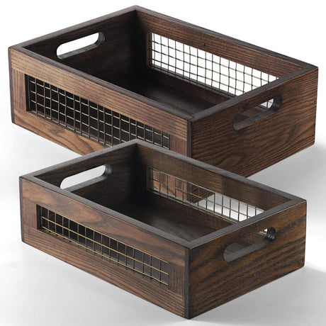 NAGAWOOD Wooden Countertop Baskets Set of 2 for Kitchen, Bathroom, Pantry|Wall Mount Upgrade with Full Accessories| Rustic Nesting Boxes|Wooden Organizer Crates for Fruit, Vegetables, Produce, Bread NAGAWOOD