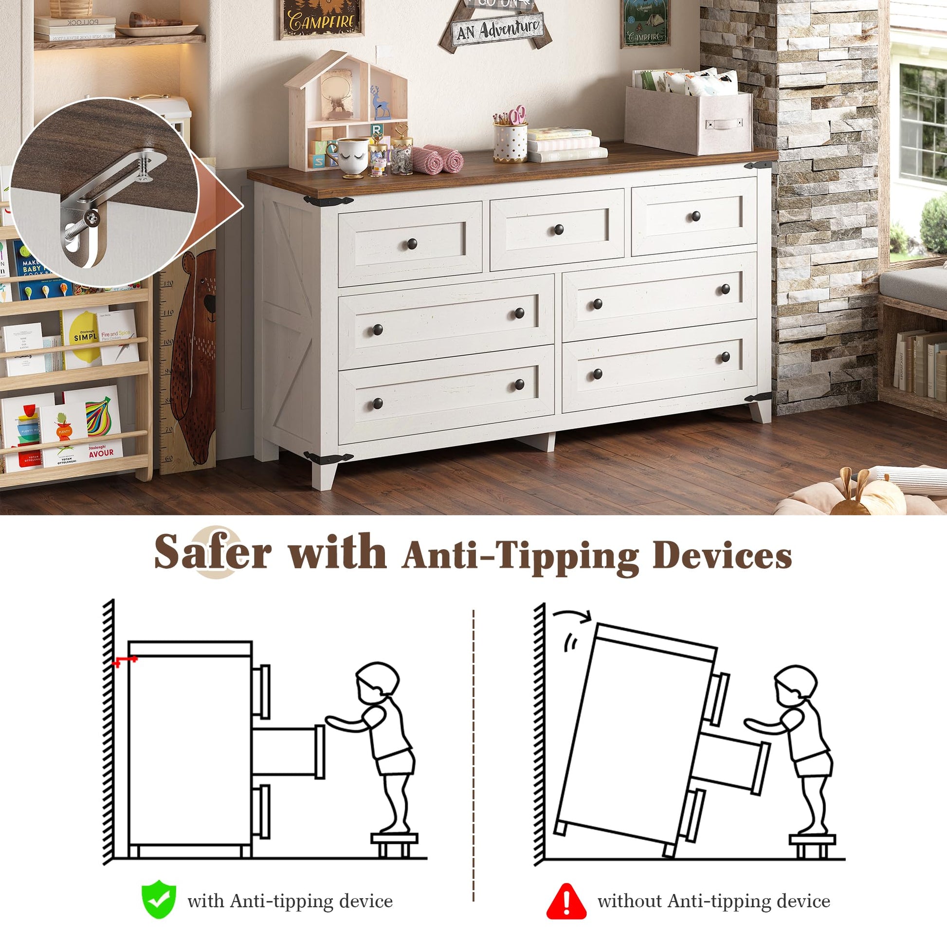 EnHomee Farmhouse 7 Drawers Dresser for Bedroom 51" Wide Wood Dressers & Chests of Drawers White Dresser with Natural Texture Bedroom Dresser TV Stand for Bedroom, Hallway, Closet, Antique Wh - WoodArtSupply