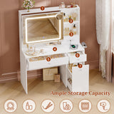 UPOSOJA Vanity Desk with Mirror and Lights,Power Outlet,3 Drawers,Pull-Out LED Mirror with 3 Light Modes,Brightness Adjustable,Rolling Makeup cart,Crystal Handles, hairdryer Rack,White UPOSOJA