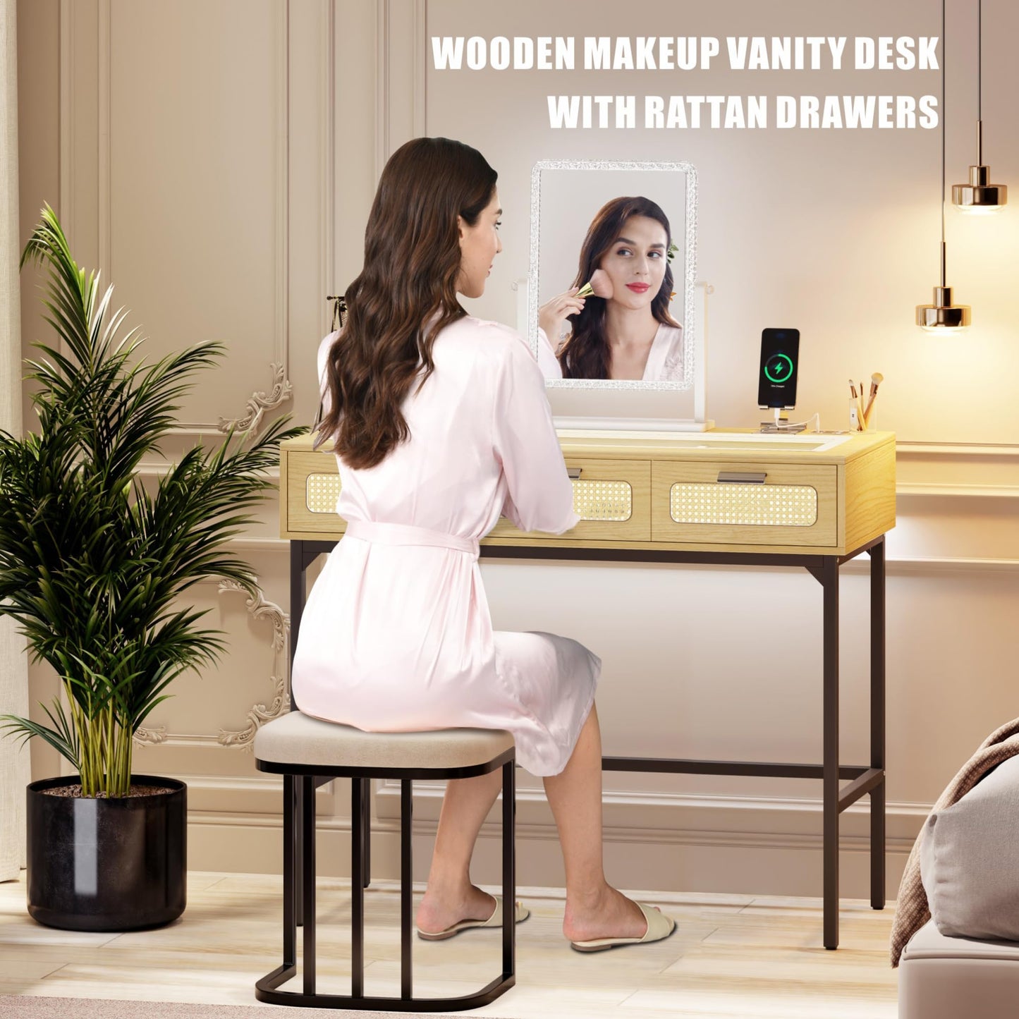 FREDEES Makeup Vanity with LED Lights - Vanity Desk with Glass Top Design & Charging Station, Wooden Makeup Table with Rattan Drawers, Bedroom Furniture Dressing Table Office Desk