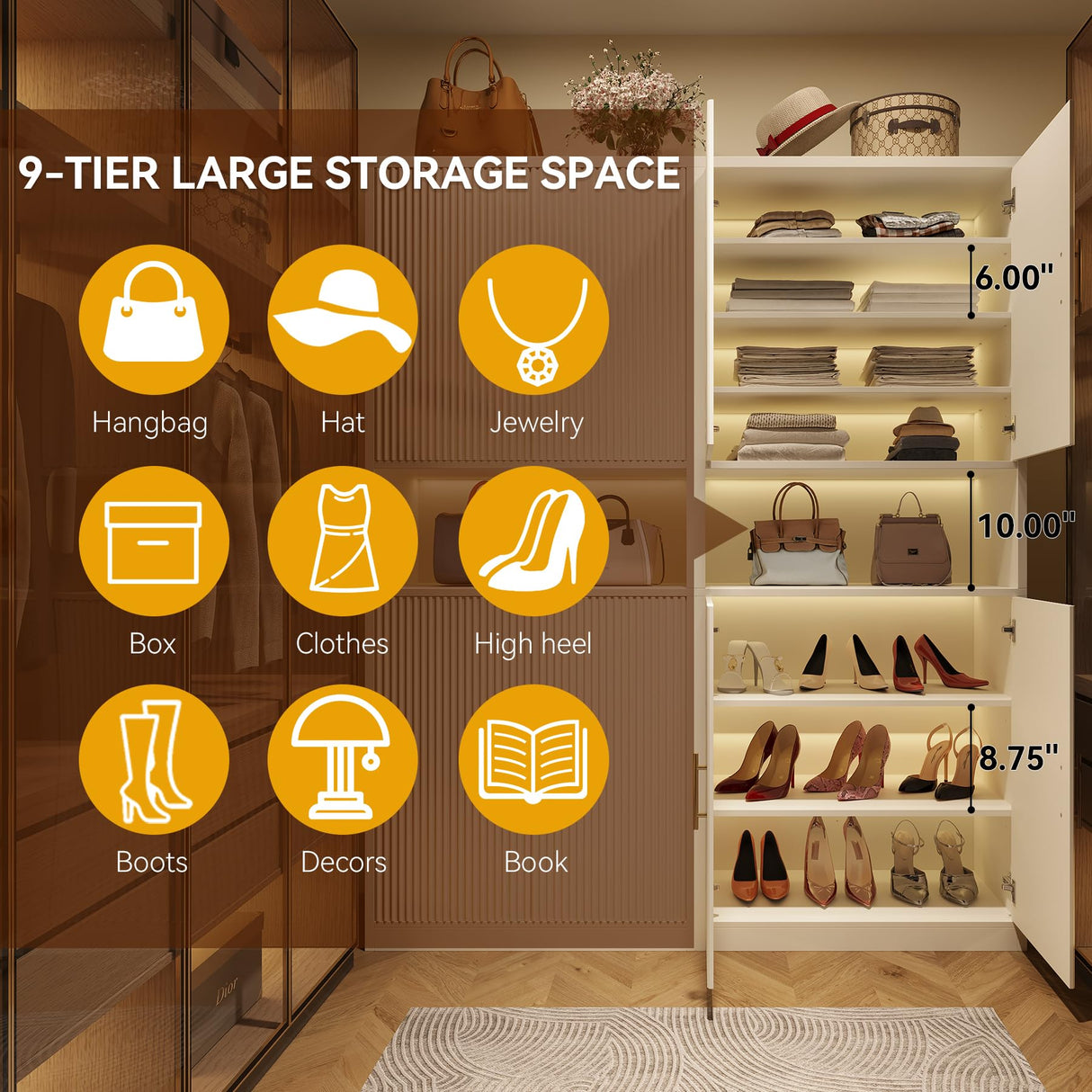 Epecoya 66-Inch Tall Shoe Cabinet with Fluted Door and LED Light for Entryway, Modern Large 9-Tier Freestanding Shoe Storage Organizer with Adjustable Shelves Open Shelf for Closet, Living Room, White Epecoya