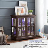 lunhung 2 Door Curio Display Cabinet with LED Light & Adjustable Shelves, 30" Tableware Display Sideboard w/Mirrored Back Pane, Modern Glass Display Storage Cabinet for Kitchen & Living Room (Cherry) lunhung