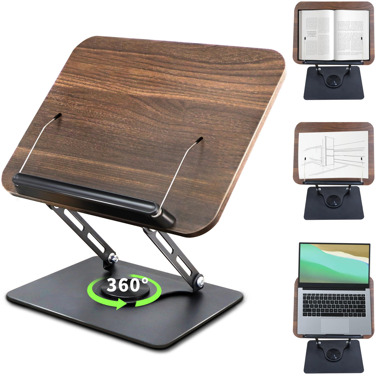 New Upgrade Book Stand for Reading, Book Holder with 360° Swivel Base, Adjustable Height & Angle Cookbook Stand, Foldable Recipe Book Holder for Kitchen, Textbook, Music Stand, Lightweight & Portable GYINGS