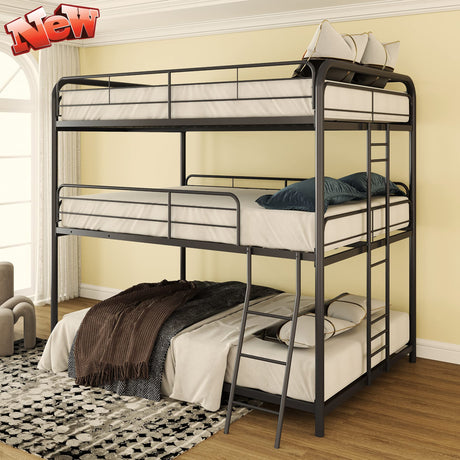 Higher Quality Triple Bunk Bed, Modern Style Adult Full Over Full Over Full Size Triple Bunk Beds with ladders For Kids Adults, Heavy Duty Metal 3 Bunk Beds For Kids, Easy Assemble, Black (Full Size) ZMIZAKOY