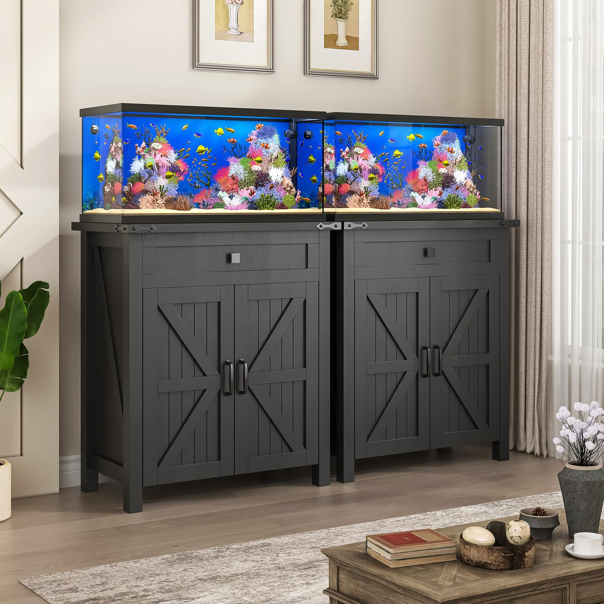 Saudism 20 Gallon Aquarium Stand With Charging Station, Farmhouse Fish Tank Stand, Reptile Tank Stand Terrarium Stand with Drawer and Cabinet Storage, Sturdy Heavy Duty 27.6"×15.7" Tabletop - Black Saudism