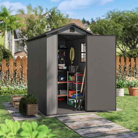 Patiowell 4' x 6' Outdoor Storage Shed with Floor, Plastic Shed Outside Resin Tool Shed with Window and Lockable Door for Backyard Garden Patio Lawn, Dark Grey (Fit-it Shed) Patiowell