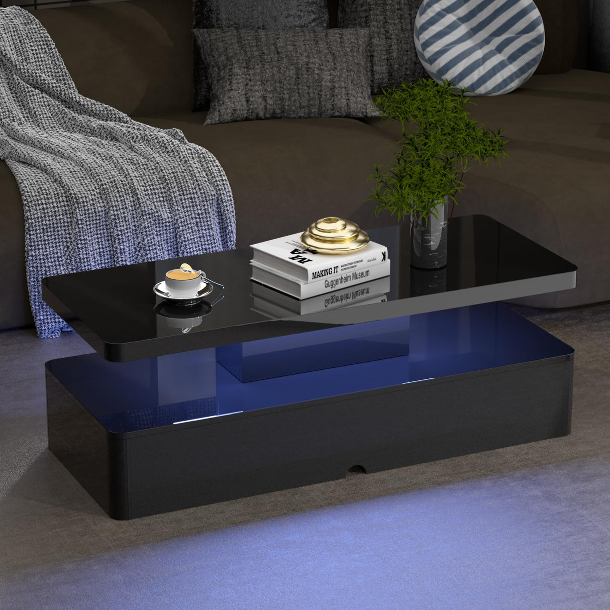 Breezestival 40'' Modern LED Coffee Table with 16 Colors Lights, Double-Layer Design for Living Room, Black Breezestival