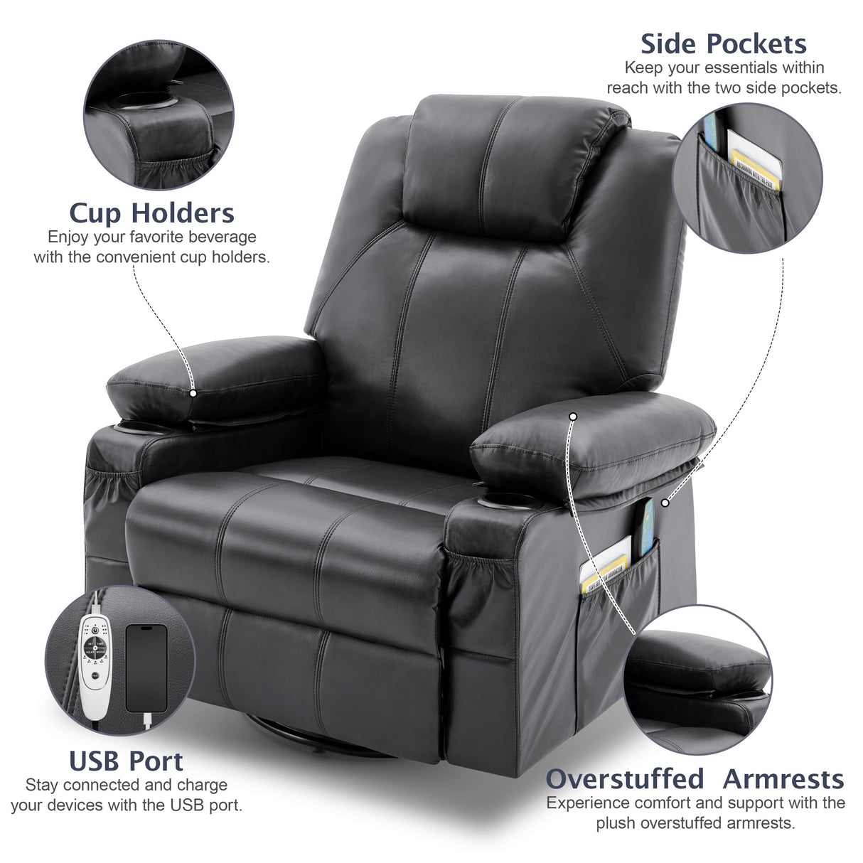 Reedvales Oversized Swivel Rocker Recliner Sofa Chair with Heat and Massage, Big Recliner Sofa Chair for Living Room, 360 Degree Swivel Single Sofa with Cup Holders and USB Port(Leather, Black) Reedvales