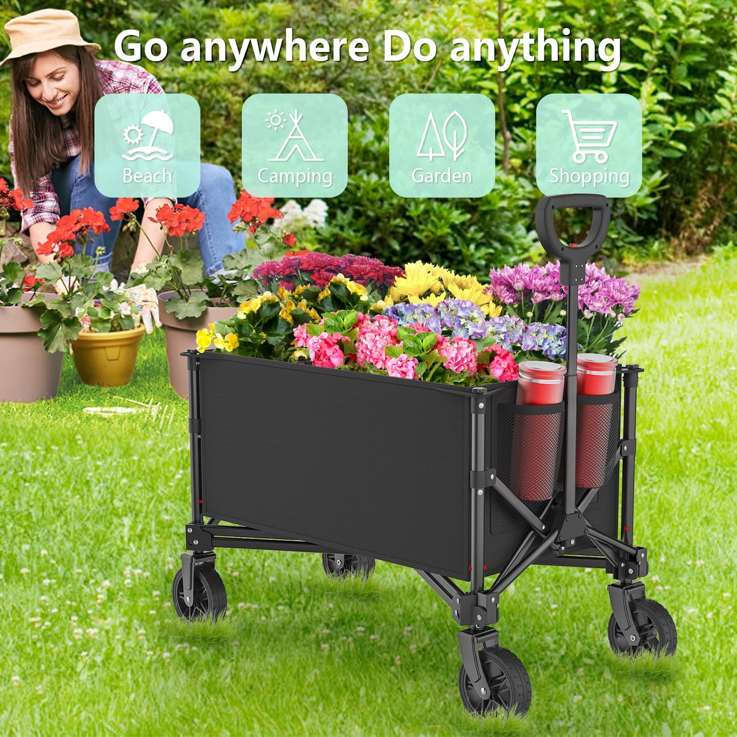 Collapsible Wagon Cart Foldable with 250lbs Weight Capacity, 120L Utility Grocery Shopping Cart with Wheels, Lightweight Portable Folding Wagon for Garden Sports Beach and Camping, Black