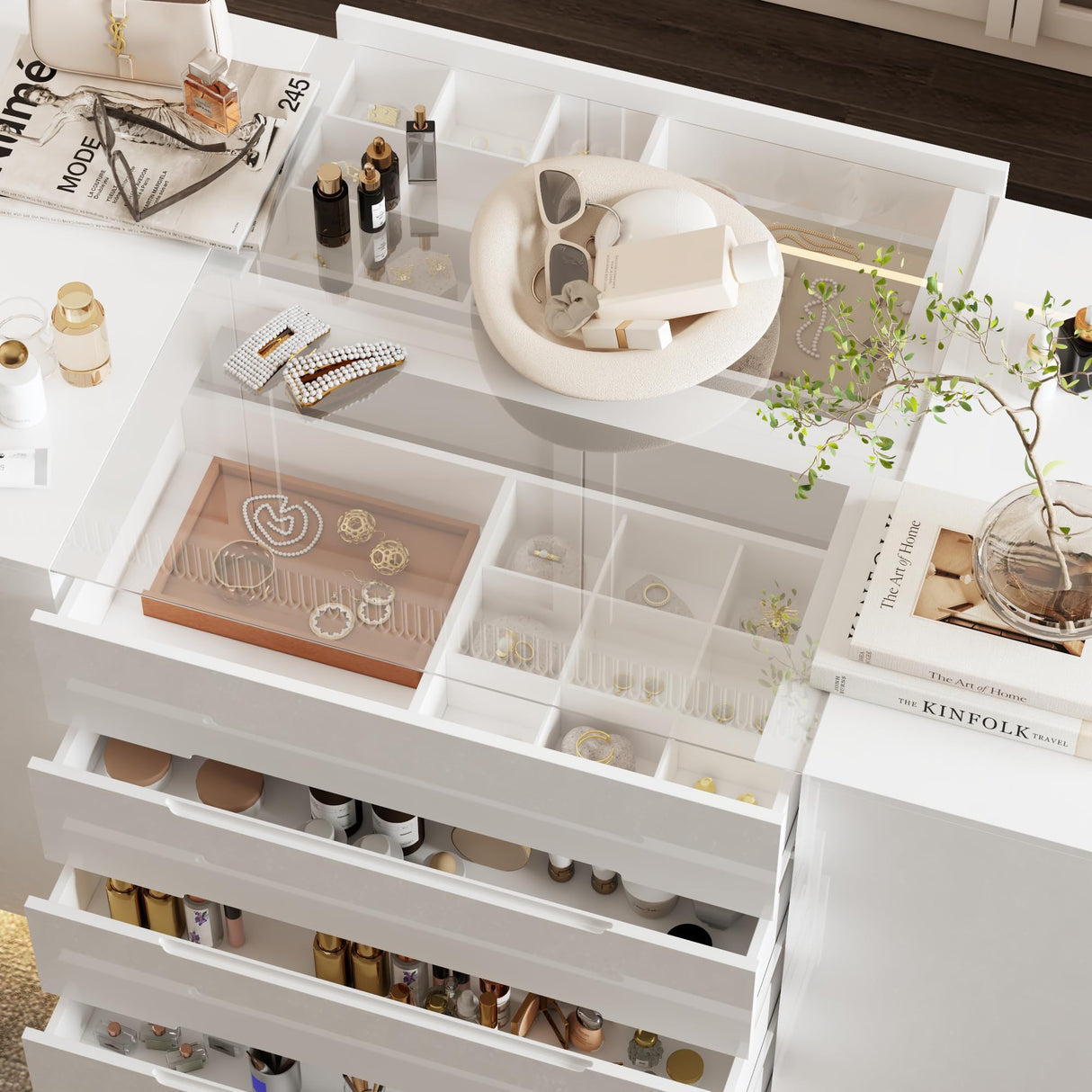 AGOTENI 63" W Closet Island with 16 Drawers, Glass Top & Lights, Modern Wooden Armoire Wardrobe Island with Drawer Organizers & Glossy Finish for Walk-in Closet Bedroom, White AGOTENI