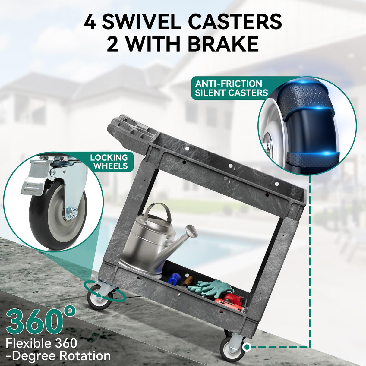 YITAHOME Utility Cart on Wheels, 550 lbs Capacity Service Cart, 40 x 17 Inch Rolling Work Carts, 2 Shelf Heavy Duty Plastic Cart Suitable for Warehouse, Garage, School & Office, Cleaning, Gray YITAHOME