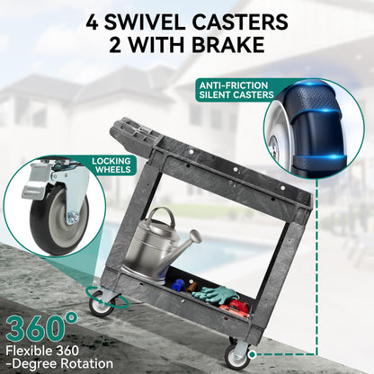 YITAHOME Utility Cart on Wheels, 550 lbs Capacity Service Cart, 40 x 17 Inch Rolling Work Carts, 2 Shelf Heavy Duty Plastic Cart Suitable for Warehouse, Garage, School & Office, Cleaning, Gray