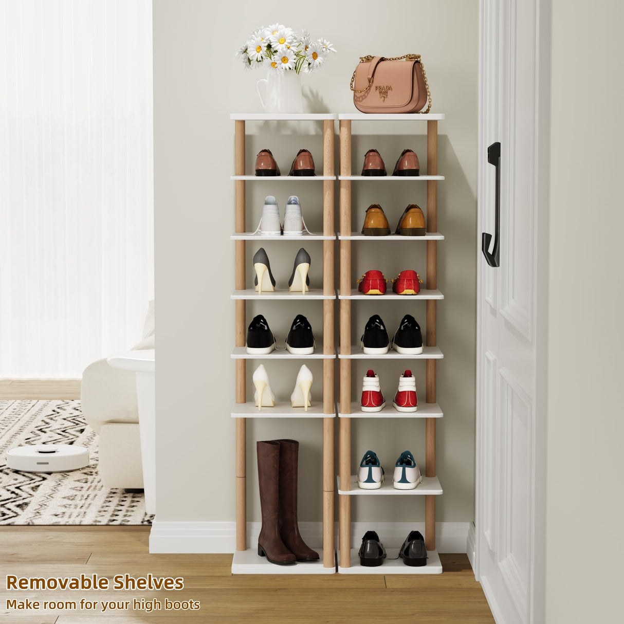 NUTMAK 8-Tier Tall Shoe Rack, Narrow Wooden Shoe Organizer for Entryway, Closet, Dorm, Small Spaces, Freestanding Vertical Shoe Shelf for Sneakers, Boots & Heels NUTMAK