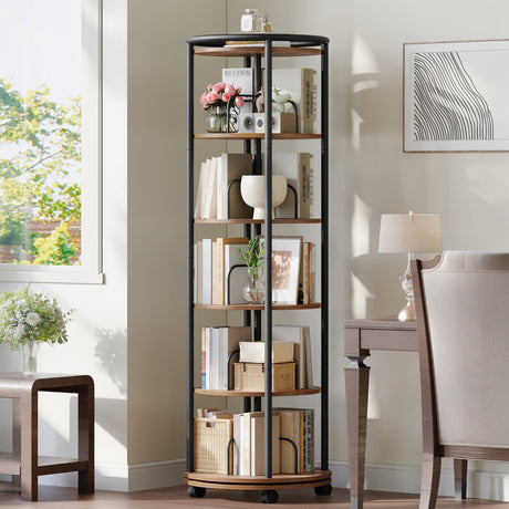 Hzuaneri Rotating Bookshelf, 360° Spinning Bookshelf Tower, Display Revolving Bookcase, Round Book Shelf, Narrow Swivel Bookshelves for Small Space, Bedroom, Living Room, Rustic Brown, BC52101B Hzuaneri