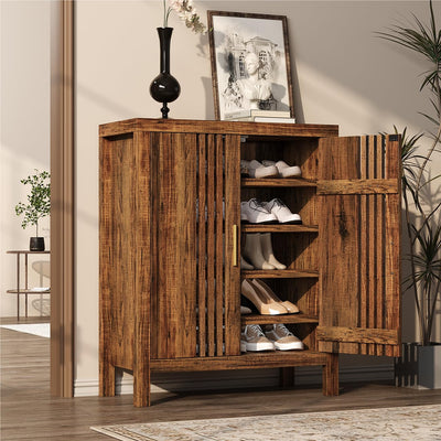 UNIQUITE Wooden Shoes Cabinet with Adjustable Shelves, Retro Freestanding Shoe Organizer Cabinet for Entryway Hallway Living Room, 5-Tier Shoe Cabinet with Doors for 20 Pairs, Dark Walnut