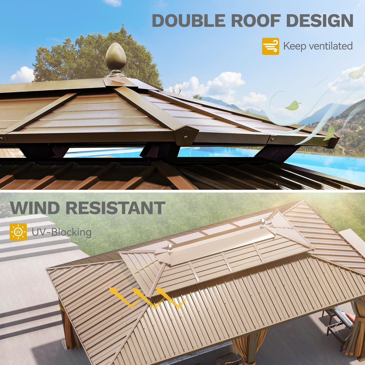 DWVO 12x20 ft Hardtop Gazebo Outdoor Heavy Duty Aluminum Gazebo with Nettings and Curtains, Combined of Horizontal and Vertical Stripes Roof for Patio, Backyard, Deck, Lawns and Balcony, Bronze DWVO