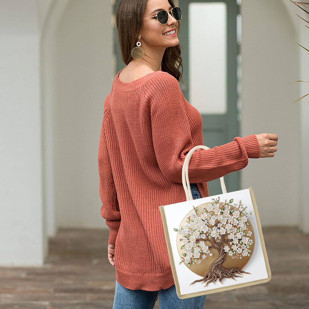 DIY Diamond Painting Canvas Tote Bag with Blooming Tree and White Flowers, Crystal Diamond Art Handbag for Adults, Reusable Hand Storage Bag with Handles, Portable Storage Bag for Woman Man antor