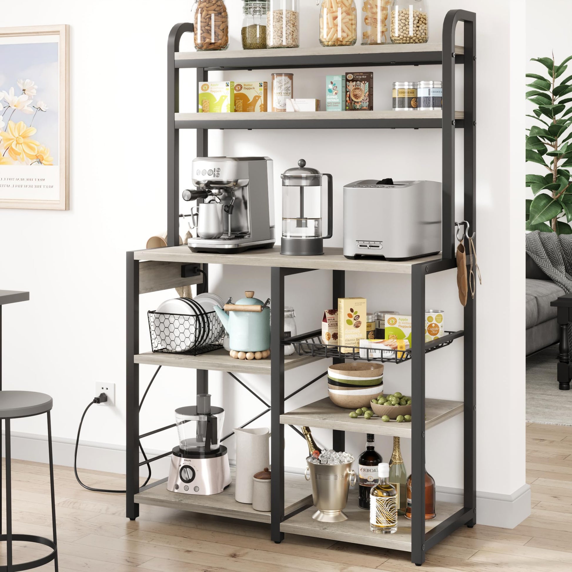 IDEALHOUSE Rustic Gray Bakers Rack with Power Outlet and Large Storage Capacity - WoodArtSupply