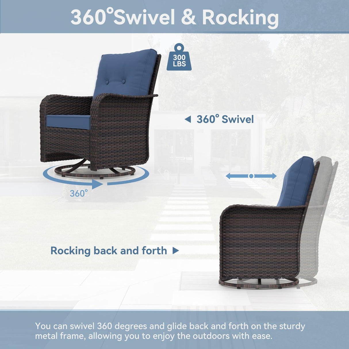 Kurapika 9 Pieces Patio Furniture Set, Rattan Wicker Sofa Set, Outdoor Conversation Sets w/Swivel Rocking Chairs Patio Sectional Sofa w/4 Inch Cushion, Navy Blue Kurapika