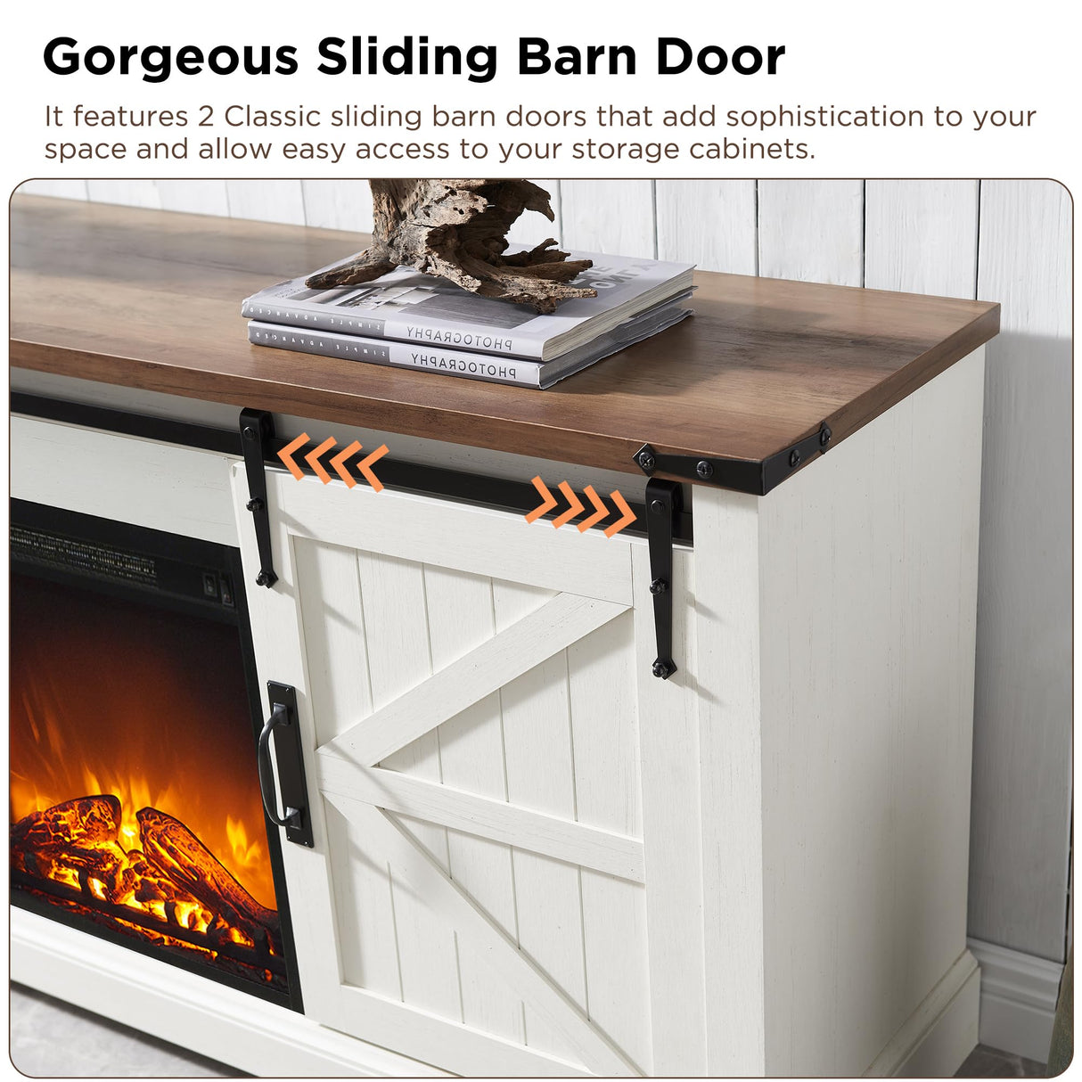 OKD Farmhouse Electric TV Stand for 65+ Inch TV, Rustic Entertainment Center with 18" Fireplace, Sliding Barn Door, Storage Shelves, Wood Media Console Cabinet for Living Room, Antique White OKD