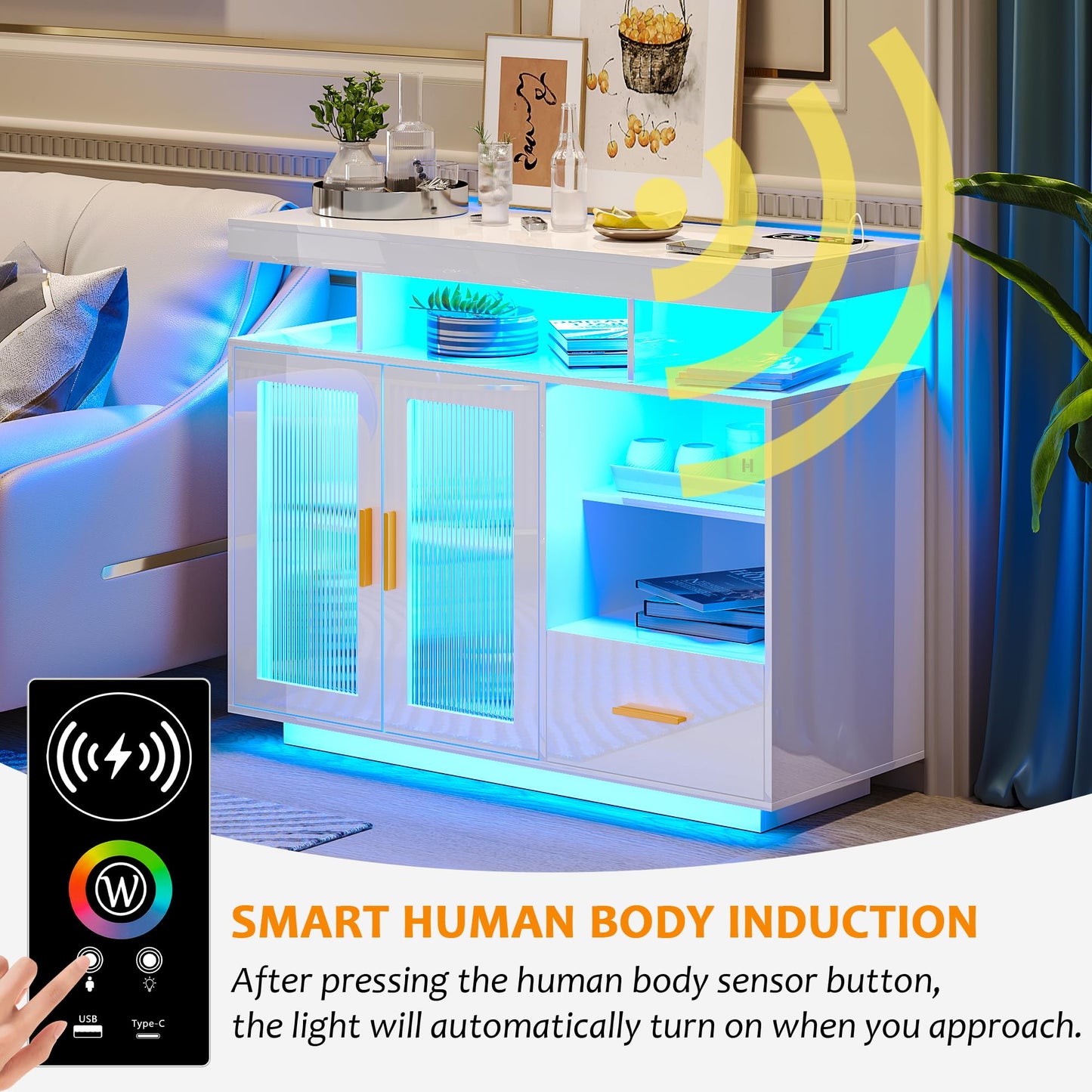 Modern White LED Sideboard Buffet Cabinet with Charging Station and Auto Sensor Lights