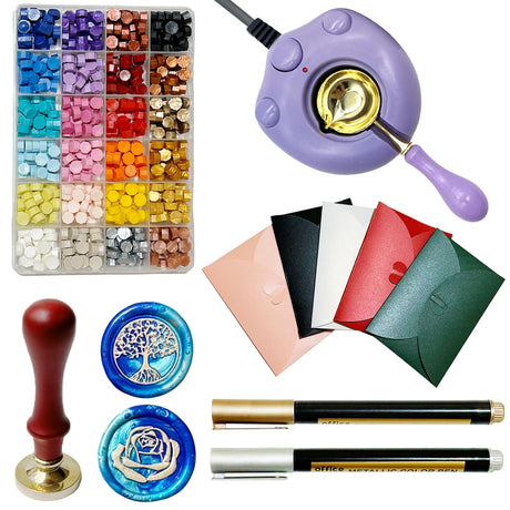 Wax Seal Kit with Wax Seal Warmer with 24 Colors 600pcs Beads, Spoon and Metallic Pen, for Spring Gift and Decoration (600P-Purple) MINGYUESKY