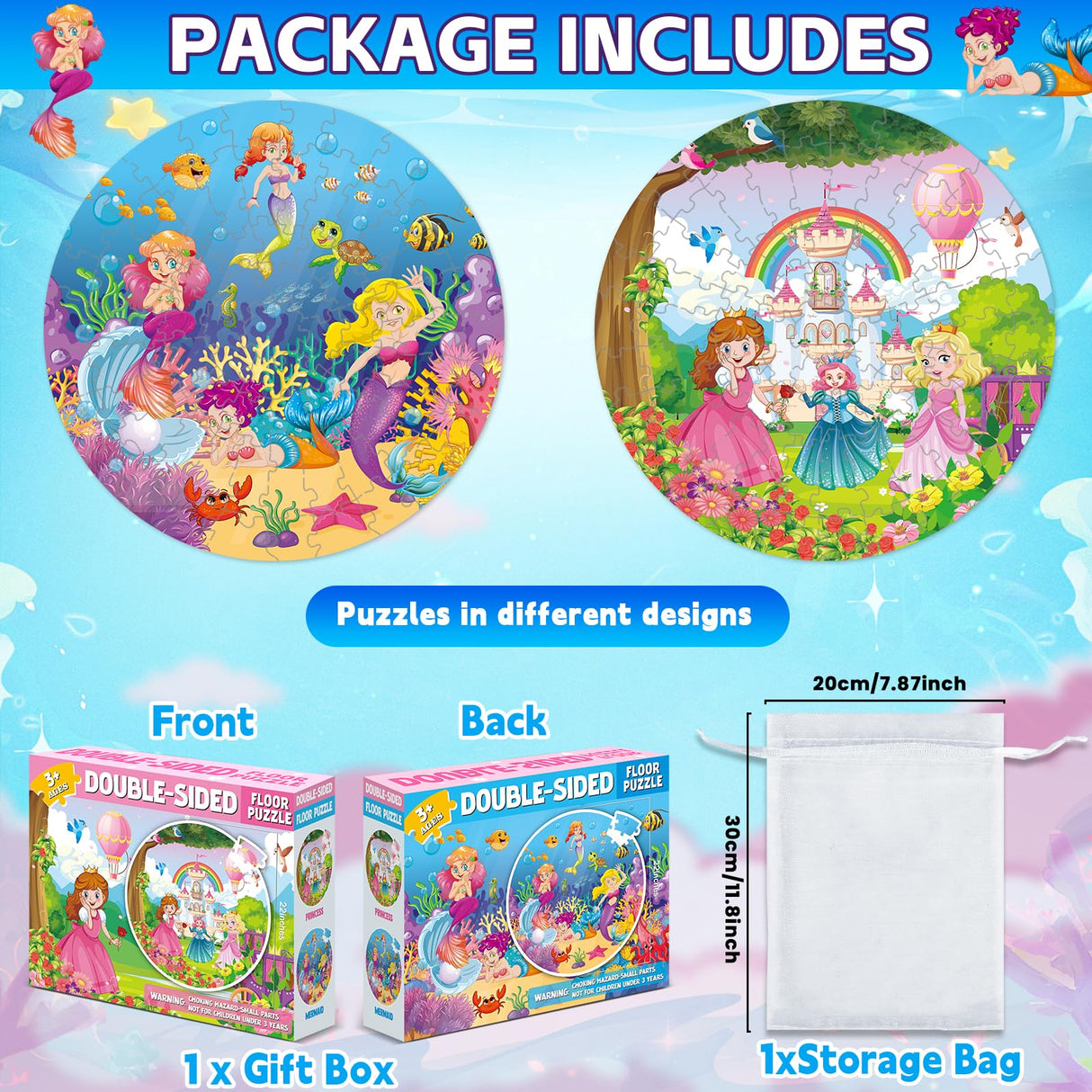 71Pcs Floor Puzzles for Kids Ages 3-5 Jigsaw Puzzles for Girls Princess Mermaid Double Sided Puzzle for Kids Castle Princess Xmas Party Supplies Mermaid Toys Educational Toys ZOIIWA