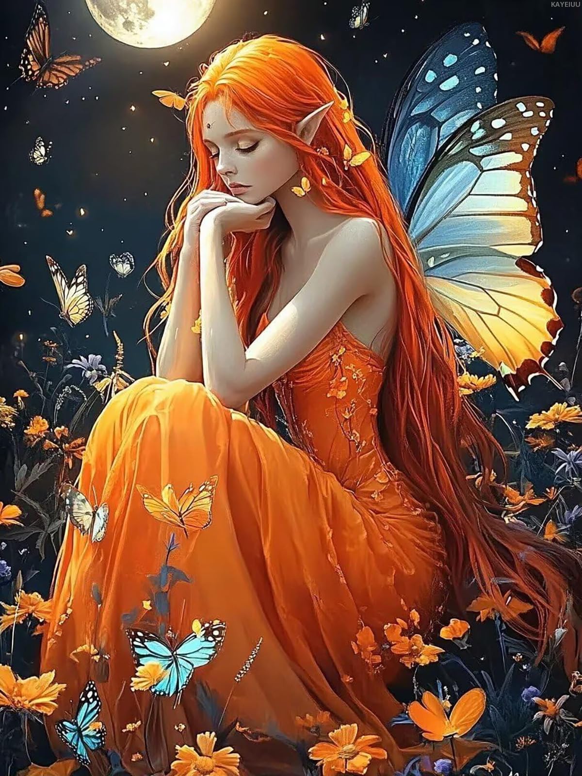 DIY Adult Diamond Painting Kits, Butterfly Fairy 5D Full Round Gemstone Diamond Painting, Gifts for Friends, Room Decor St Patricks Day Home Decor 12x16 inch KAYEIUU