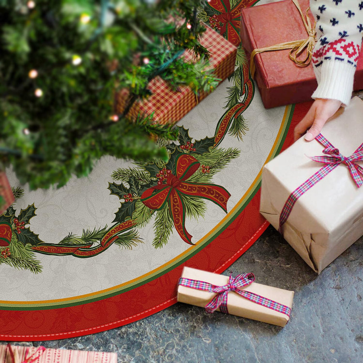AVOIN colorlife Christmas Tree Skirt 48 Inch, Christmas Ribbon Holly Winter Holiday Tree Mat Decoration AVOIN colorlife