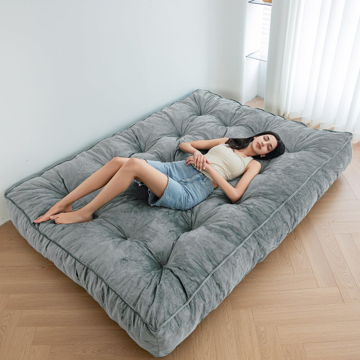 MAXYOYO 8" Futon Mattress Full Size, Extra Thick Futons Sofa Couch Bed, Velvet Floor Mattress for Adults, Shredded Foam Filling (Frame Not Included), Dark Grey MAXYOYO