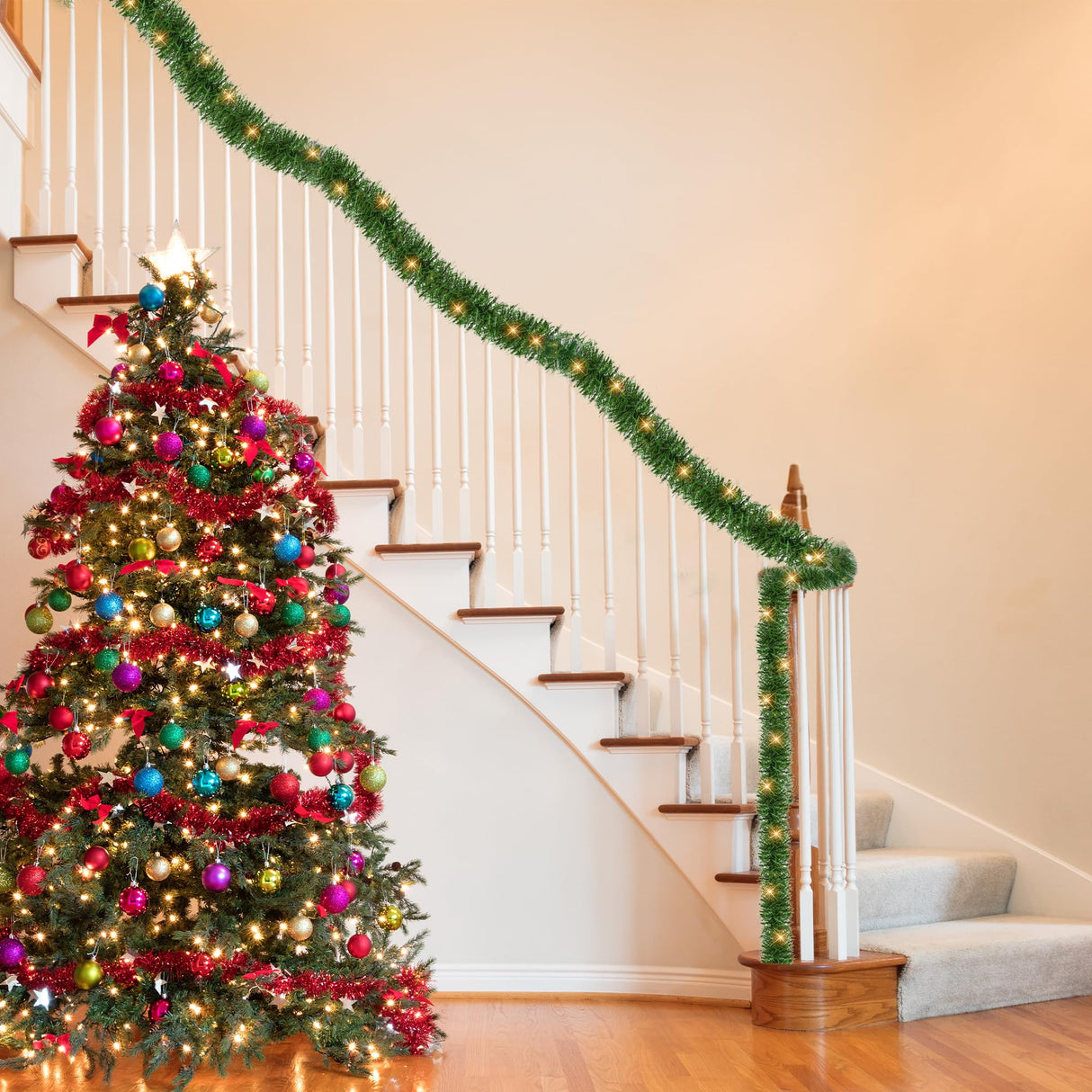 Dazzle Bright 50 FT Pre-lit Christmas Green Garland, 150 LED Lights Lighted Artificial Pine Garlands, for Indoor Outdoor Christmas Decor Holiday Wedding Decoration Dazzle Bright