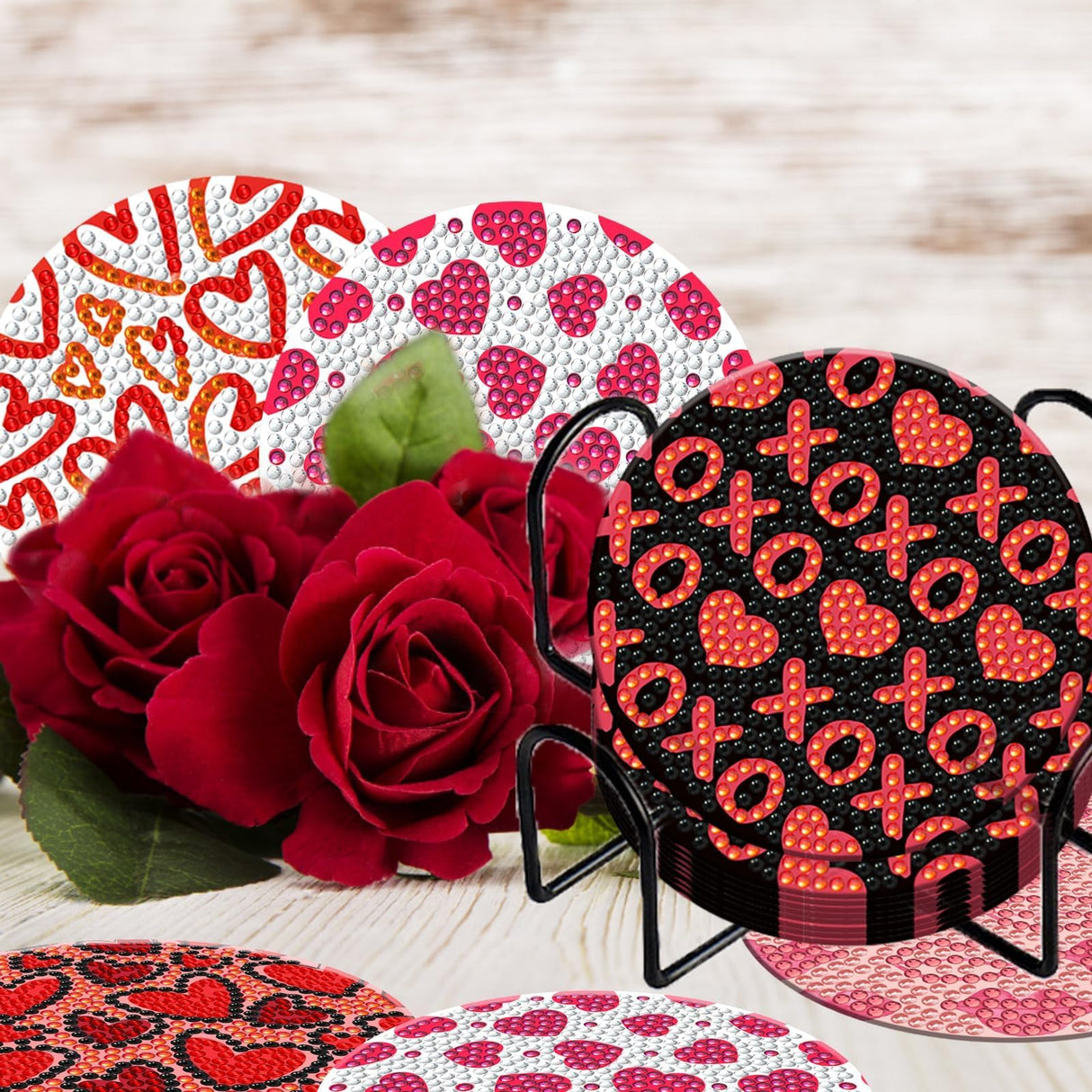 8 Pieces Heart Diamond Coasters Kits with Holder DIY Heart Diamond Art Coaster Coaster for Adults Diamond Kits Supplies for Valentine's Day Gift Demonwer