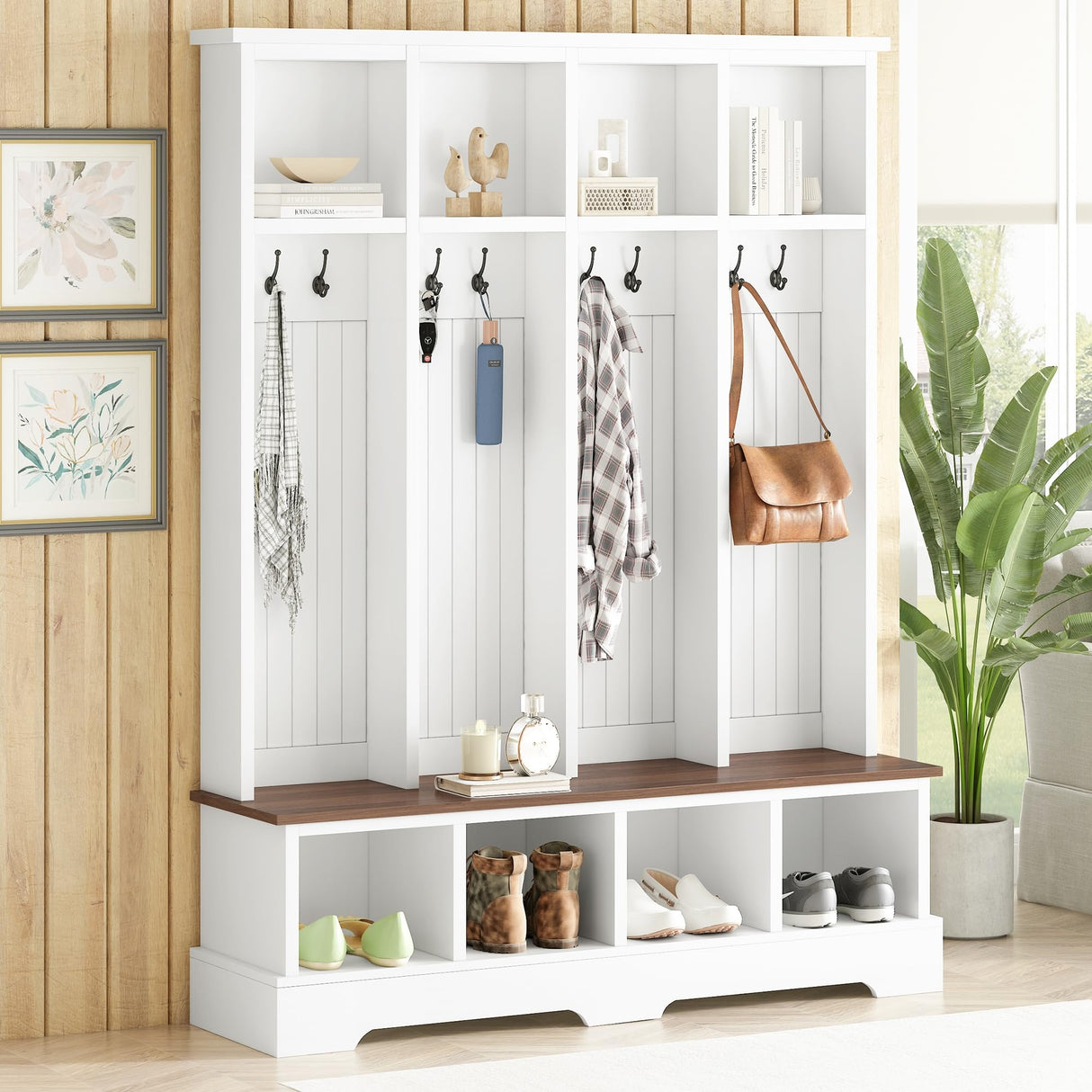 Merax 59" W Hall Tree,Farmhouse Entryway Storage and Wood Coat Rack, Entryway Furniture with 8 Hooks, Hall Tree with Bench and Shoe Storage, Rustic White Merax