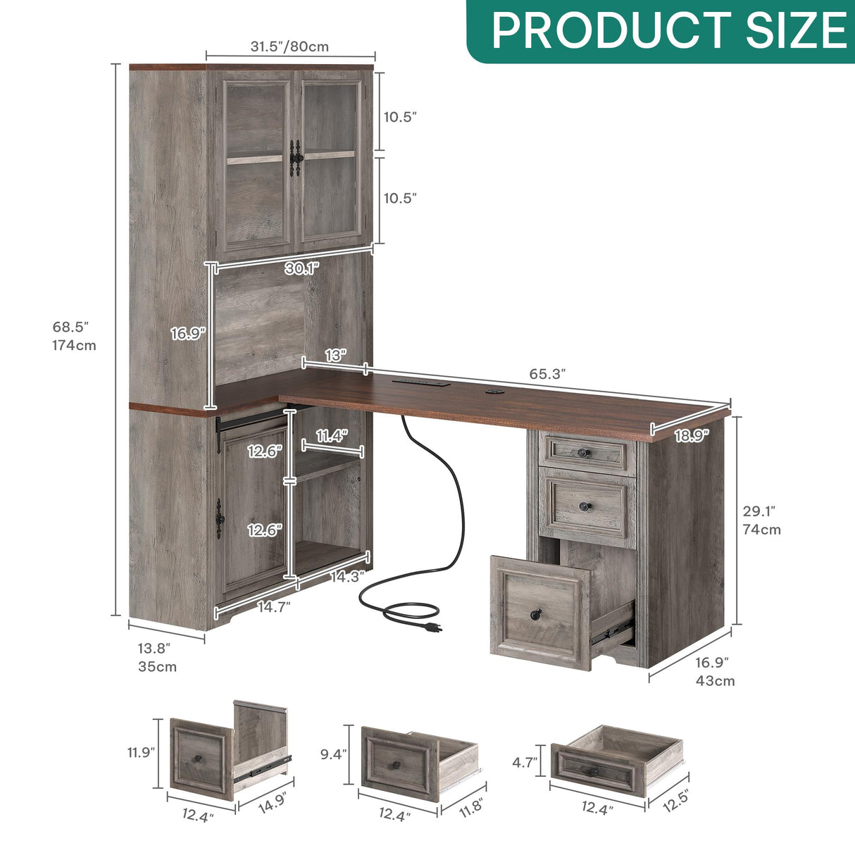 YITAHOME L Shaped Executive Desk with Hutch and Drawers, Farmhouse Home Office Desk with Power Outlet, Wood Corner Computer Desk with Sliding Door, Storage Cabinet with Glass Door, Grey & Walnut YITAHOME