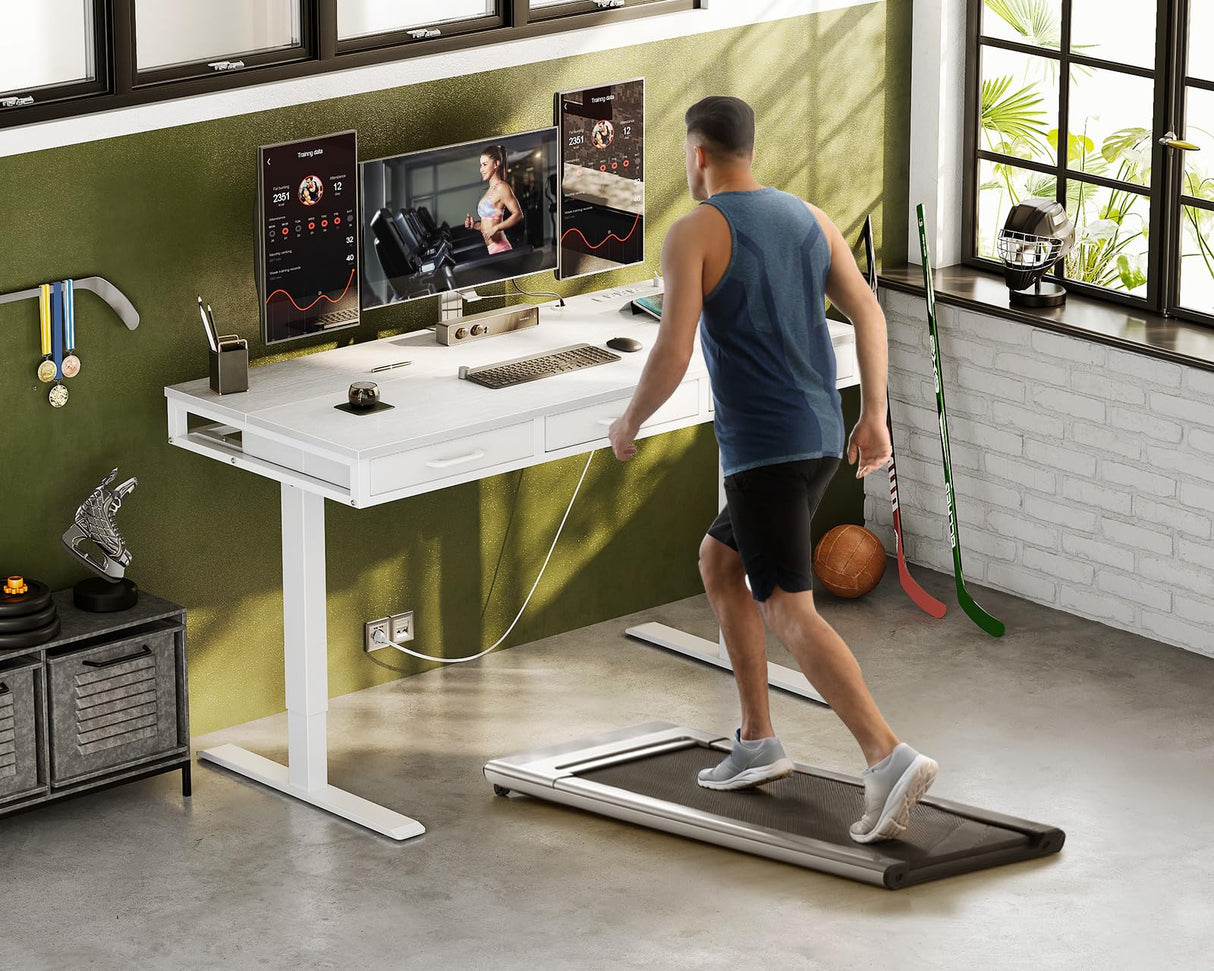 AODK Electric Standing Desk with Drawers, 55 Inch Height Adjustable Desk with Power Outlets, Sit Stand Table, Writing Computer Desk for Home, Office, Workstation, White AODK