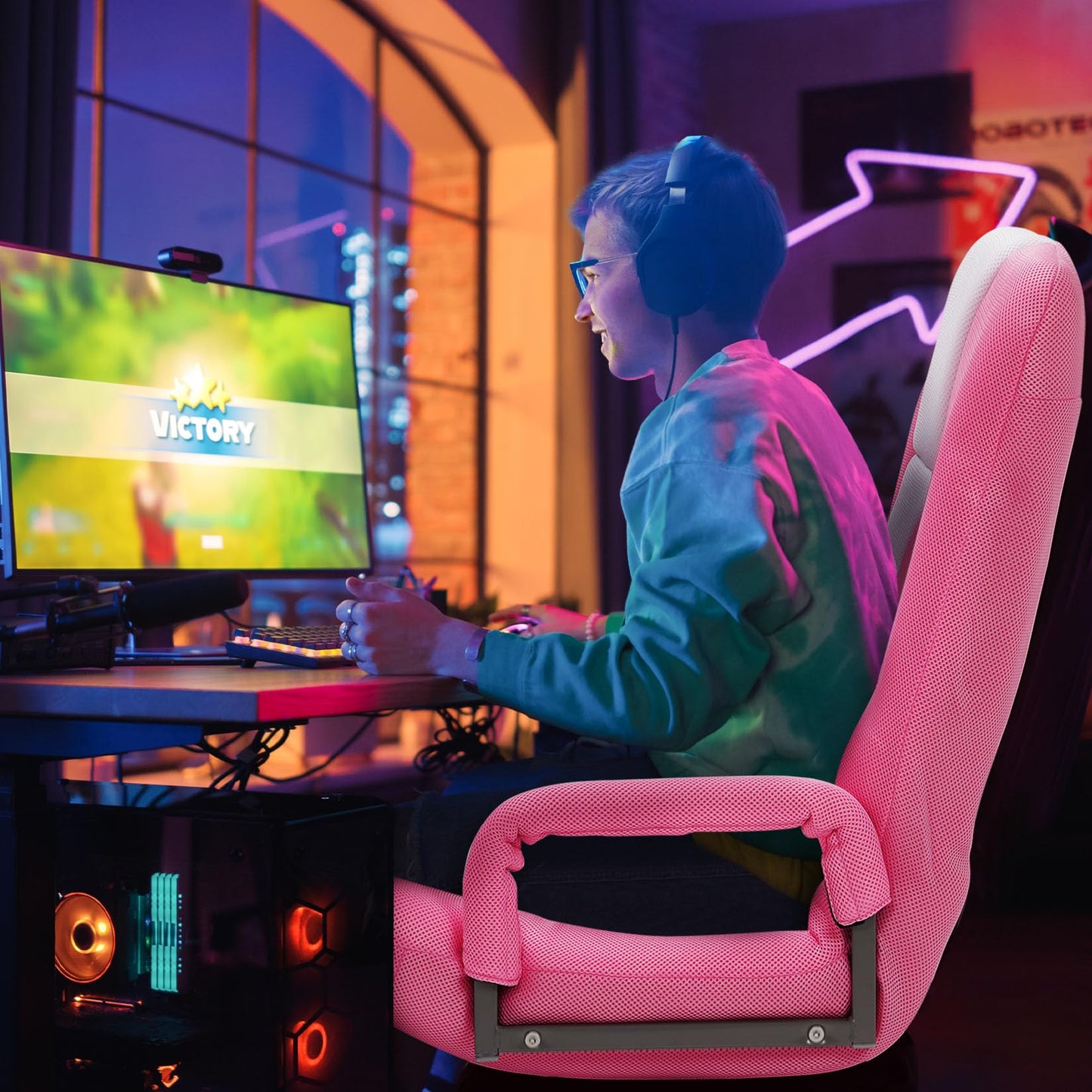 ACIPENSER Swivel Gaming Chair Multipurpose Floor Gaming Chair for Playing Video Games, TV, Reading w/Armrest Lumbar Support & 6 Adjustable Postion Backrest for Adults & Kids,Pink