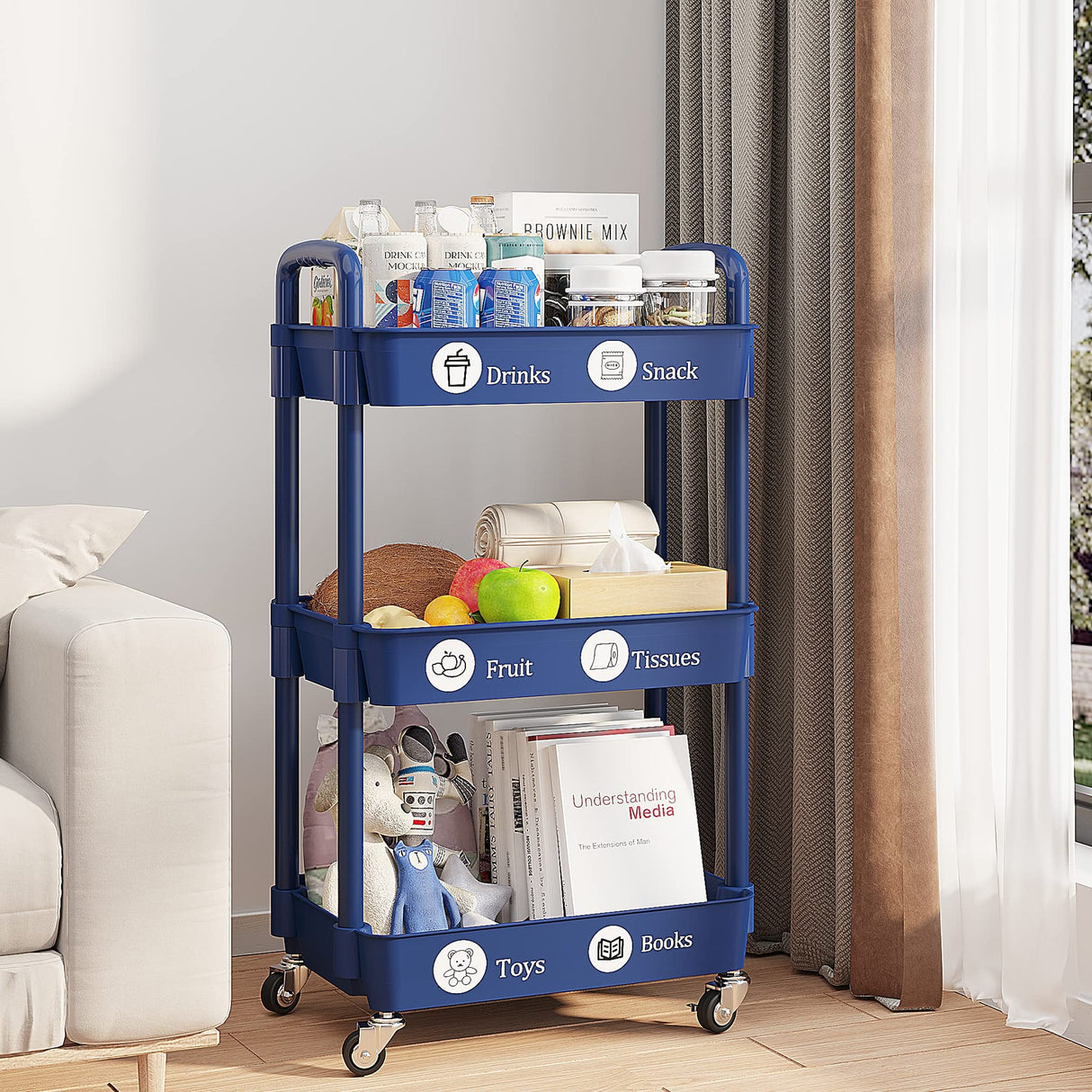 UDEAR 3-Tier Rolling Utility Cart with 12 Category Labels,Multifunctional Storage Shelves with Handle and Lockable Wheels for Room,Office,Kitchen,Bathroom,Blue UDEAR