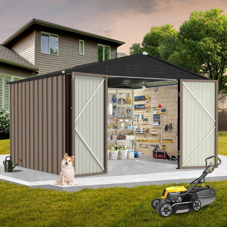 GarveeLife 7.5 x 8.5 ft Outdoor Storage Shed with Updated Frame Structure & Lockable Door, Waterproof Practical Garden Patio Lawn Poolside Metal Tool Shed Designed for Organization & Storage, Brown GarveeLife