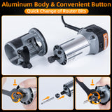 FoxAlien 1HP 710W 65mm Diameter Compact Palm Router for CNC Woodworking,6 Variable Speeds Max 30000 R/MIN Wood Trimmer with 1/4” Collect (110V) FoxAlien